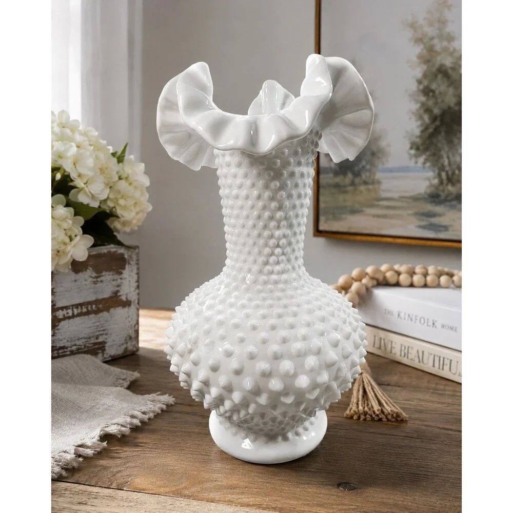 Vintage White Milk Glass Hobnail Vase with Ruffled Rim 10